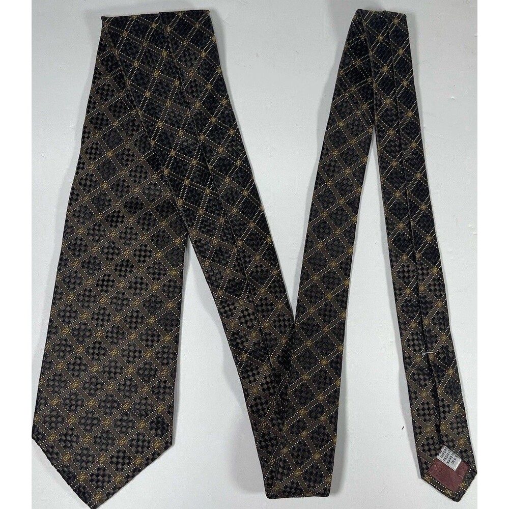 XMI Platinum Silk Tie Mens Brown Check Geometric Italian Fabric Handmade USA